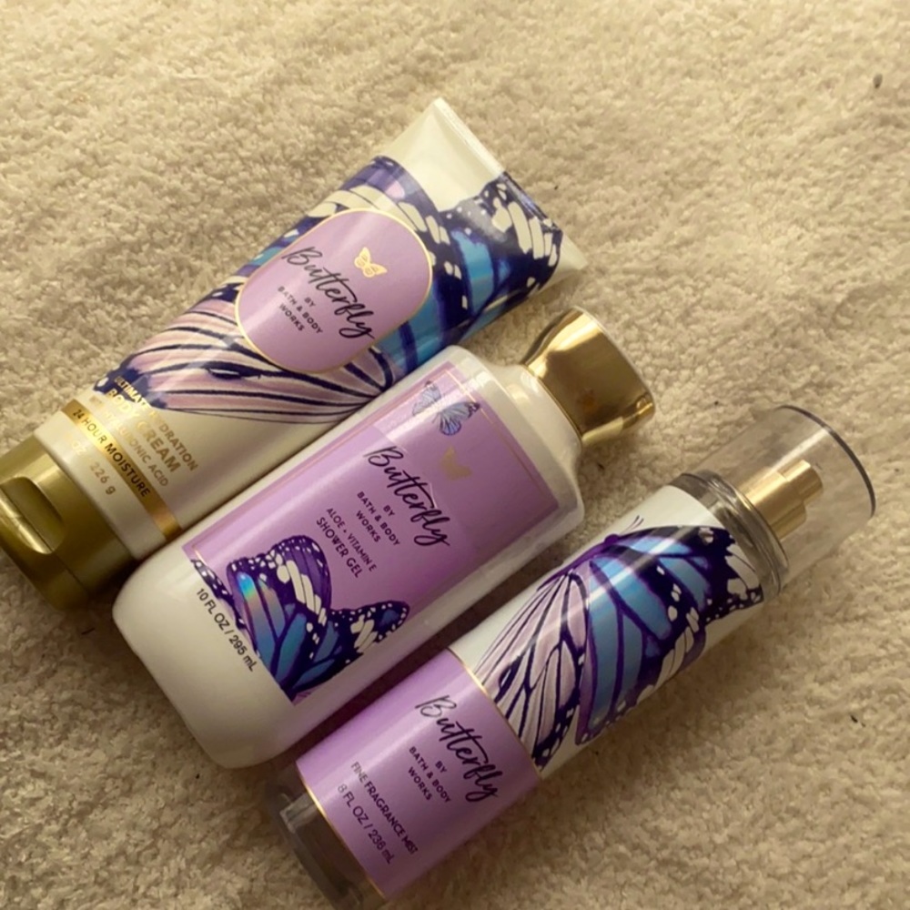 Butterfly set from bath and body works lotion, perfume, soap